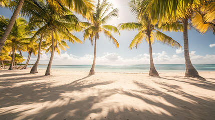 Idyllic view of a tropical paradise with sun rays filtering through coconut palms, creating shadows on the sandy shore near a calm, turquoise lagoon 