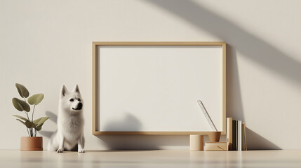 Poster - Siberian Husky sits beside minimalist frame, plant, and books in serene interior. soft lighting enhances calm atmosphere, perfect for cozy space