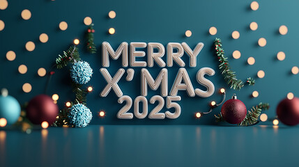 Aufkleber - MERRY XMAS 2025 is joyful arrangement featuring festive decorations, including colorful ornaments and garlands, creating cheerful holiday atmosphere