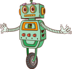 Aufkleber - Cartoon retro groovy robot on wheel with robotic hands, vector comic character. Groovy funky retro old robot with funny face with mechanic buttons and lamps, metal cyber bot or android toy personage