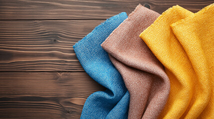 Poster - Vibrant fabric swatches in blue, brown, and yellow arranged on wooden surface, showcasing texture and color diversity for design inspiration
