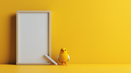 Poster - vibrant yellow background features cute chick beside blank frame, creating cheerful and inviting atmosphere. Perfect for playful designs or children themes