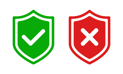 Wall Mural - Green and red shield icon with rounded check mark, and cross sign, ok tick symbol, x cross isolated symbol vector illustration, defense symbol. Approved, rejected, or yes, and no checkmark buttons