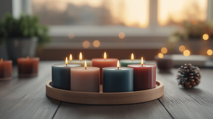 Poster - Engaging scene of colored candles arranged on wooden tray, creating warm and inviting atmosphere. soft glow of flames enhances cozy ambiance