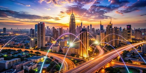 Aufkleber - Aerial View of City with Fast Fiber Optic Internet Speed Concept, Showcasing High-Speed Connectivity and Digital Communication in Urban Environment