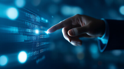 Poster - business professional interacting with digital data on screen, showcasing technology and innovation. image conveys sense of modernity and progress
