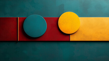 Aufkleber - Geometric abstract design featuring bold shapes and vibrant hues, including circles and rectangles in teal, red, and yellow. This artwork adds modern touch to any space