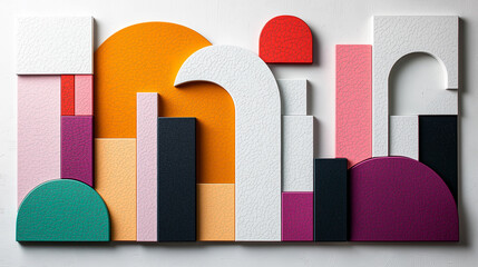 Aufkleber - Layered geometric shapes in soft pastels create vibrant composition. arrangement features arches, circles, and rectangles in various colors, evoking sense of modern art
