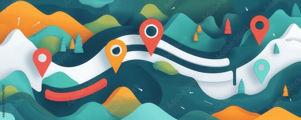 Colorful map illustration featuring mountains, paths, and location ...