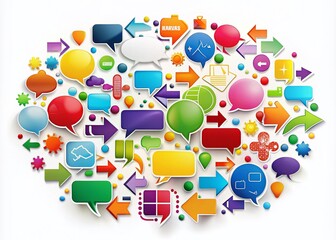 Poster - Aerial View of White Background with Colorful Speech Bubbles and Directional Arrows Illustrating Communication Concepts