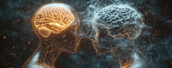 Poster - Futuristic connection between two digital brains in cyberspace