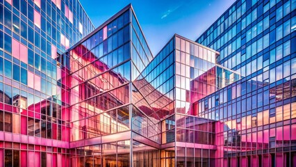 Poster - Architectural Photography of a Modern Building in Shades of Watercolor Pink with Creative Lighting and Reflective Glass Facades