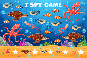 Poster - Cartoon sea animals on kids I spy game worksheet, vector puzzle quiz. Kids I spy game to find and match same picture of undersea or ocean funny characters of octopus, turtle and fugu fish with squid