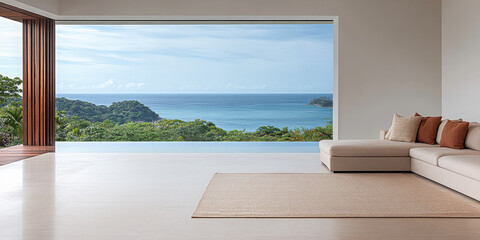 Wall Mural - Relaxing interior view of a modern living room overlooking a tranquil ocean landscape in daylight