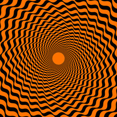 Poster - Psychedelic Halloween hypnotic spiral pattern for horror holiday, vector background. Hypnotic spiral pattern of orange and black swirls in hypnosis illusion of wormhole tunnel for Halloween holiday