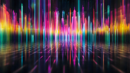Poster - Vibrant Abstract Sound Wave Visualization with Colorful Light Reflections and Gradient Patterns on a Dark Background Creating a Dynamic Digital Atmosphere
