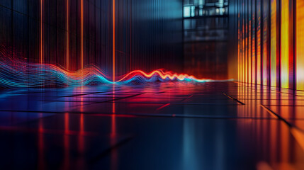 Poster - Abstract Digital Art Representing Vibrant Light Waves in a Futuristic Environment with Reflections in a High-Tech Space