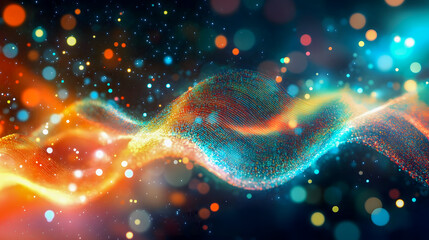 Poster - Stunning Abstract Wave with Colorful Bokeh and Light Particles, Perfect for Technology, Digital Art, and Background Design Projects Featuring Vibrant Colors and Patterns