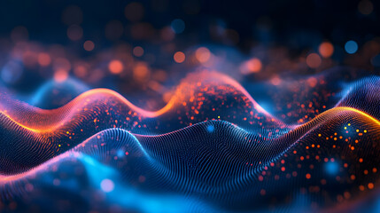 Poster - Abstract waves of colorful light particles creating a mesmerizing and dynamic visual representation of energy in a digital landscape ideal for technology and creativity themes.