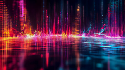 Poster - Vibrant and Colorful Abstract Digital Waveform Display with Light Reflections on Water Surface Creating an Ethereal Visual Experience for Modern Design