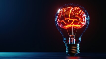 Wall Mural - creative light bulb with a glowing brain design on black background.