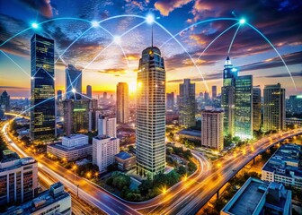 Aufkleber - A Vibrant Cityscape Interconnected with Digital Networks, Showcasing Skyscrapers, Streets, and Luminous Data Connections in a High Depth of Field Perspective