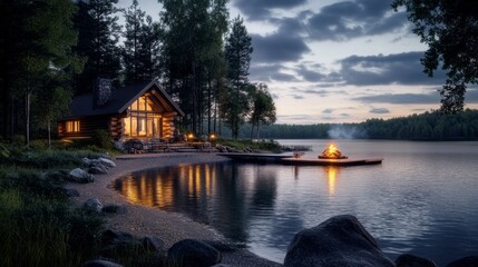 Poster - A cabin by a lake with a fire burning on a dock