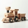 © Marina - A wooden toy train with wheels against a white background. AI generated.