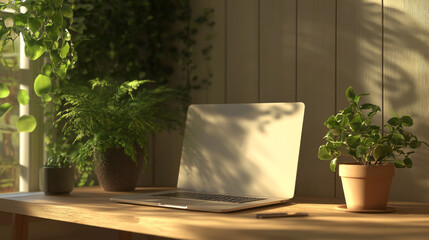 Poster - A laptop is sitting on a desk next to a potted plant