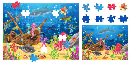 Aufkleber - Kids jigsaw puzzle logic game with sunken ship at underwater landscape. Vector riddle with colorful marine life as a dolphin, octopus and turtle, promoting problem-solving skills and educational fun