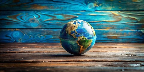 Wall Mural - A Captivating Low Light Photograph of a Small Globe Representing Earth on a Wooden Surface with a Textured Blue Background, Evoking a Sense of Wonder and Global Connection