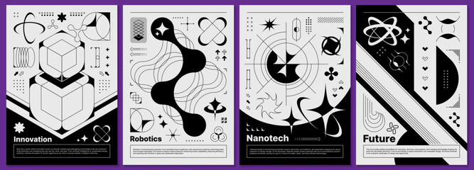 Aufkleber - Brutalism Y2K posters of abstract retro elements and 3D shapes, vector backgrounds. Brutalism poster and banners templates with 3D elements and isometric geometric shapes in brutal graphic design