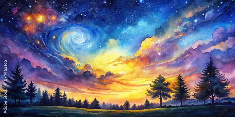 Captivating Watercolor Painting of a Starry Night Sky with Whirling ...
