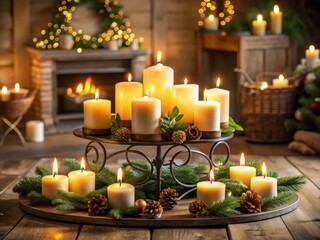 Sticker - A Serene Arrangement of a Candle Holder with Nine Lit Candles Creating an Atmosphere of Tranquility and Warmth for Meditation and Relaxation in a Cozy Setting