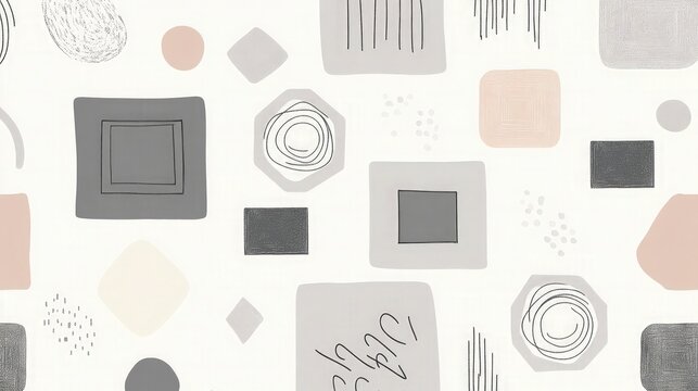 A minimalist doodle pattern with abstract geometric shapes like squares, hexagons, and arcs in muted grayscale tones. The layout is clean and simple.