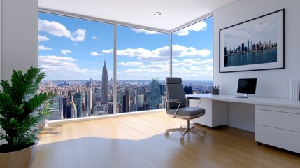Poster - Modern Office City View Desk Chair Panoramic Window Skyline