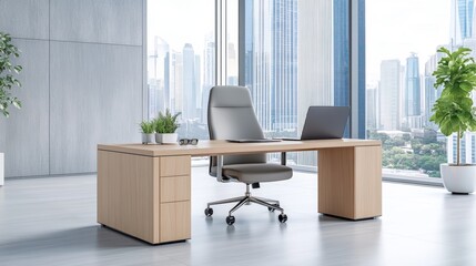 Poster - Modern Office Desk City View Laptop Plants Workspace