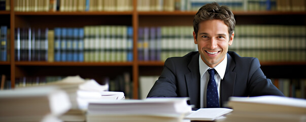 Wall Mural - Young professional man in suit smiles confidently at his desk surrounded by stacks of paperwork in a library setting