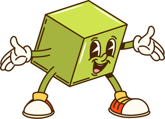 Poster - Groovy math geometric cube figure character. Isolated cartoon vector cheerful cubic with a bright green color, joyful expression outstretched arms, exudes fun and energy ready for children education