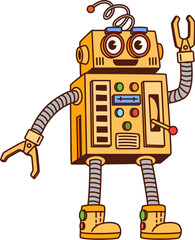 Leinwandbilder - Cartoon retro groovy robot character features square body with colorful buttons and dials, flexible arms and legs, and a friendly face with large, expressive eyes, exude nostalgic sci-fi vibe of 1980s