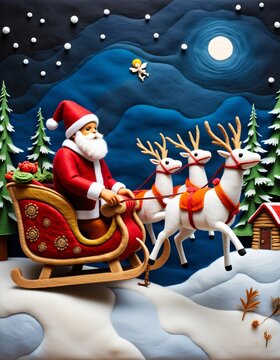 Illustration of Santa Claus on a sleigh with reindeer on a snow-covered ground