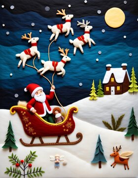 Illustration of Santa Claus on a sleigh with reindeer on a snow-covered ground