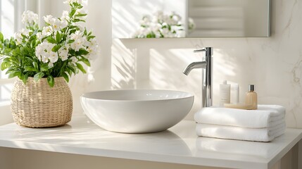 Wall Mural - 15. A clean, modern bathroom with soft light, marble surfaces, and an empty countertop for a product display