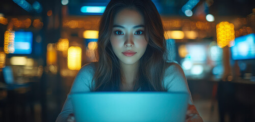 Poster - Businesswoman Engaged in Work Using Mobile Phone and Laptop in Modern Office