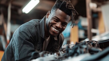 Aufkleber - A man is smiling while working on a car engine