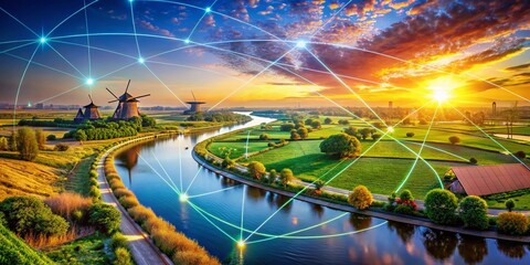 Aufkleber - Expansive Landscape Reflecting the Global Network of Digital Connections and Technology Amidst Nature's Beauty, Symbolizing the Interconnection of Our Digital World