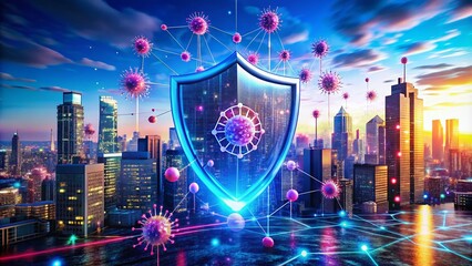 Poster - Futuristic Digital Security Shield Guarding Against Viruses in a High-Tech Urban Landscape, Symbolizing Cybersecurity and Data Protection in a Modern World