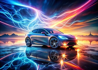 Poster - Futuristic Electric Car Bathed in Ethereal Light, Showcasing a High-Tech Design with Vibrant Energy Flow and Current Electricity, Capturing Innovation in Automotive Technology