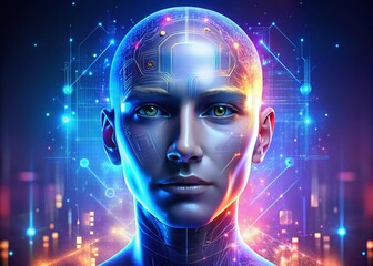 Poster - Futuristic Humanoid Portrait Showcasing Artificial Intelligence Features with Cybersecurity and Biometric Data Integration for a Digital Age Vision
