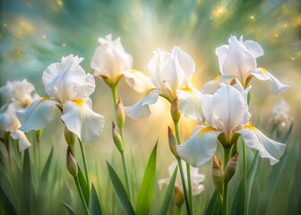 Wall Mural - Long Exposure of White Iris Florentina Flowers Dancing in the Spring Breeze, Capturing Nature’s Serenity and Delicate Beauty in a Dreamy Landscape